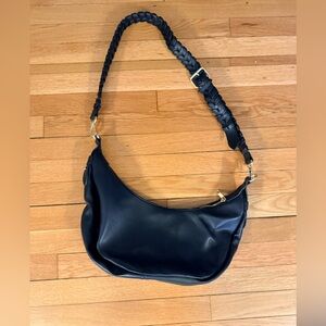 Black Leather Shoulder Hobo Bag with Braided Strap